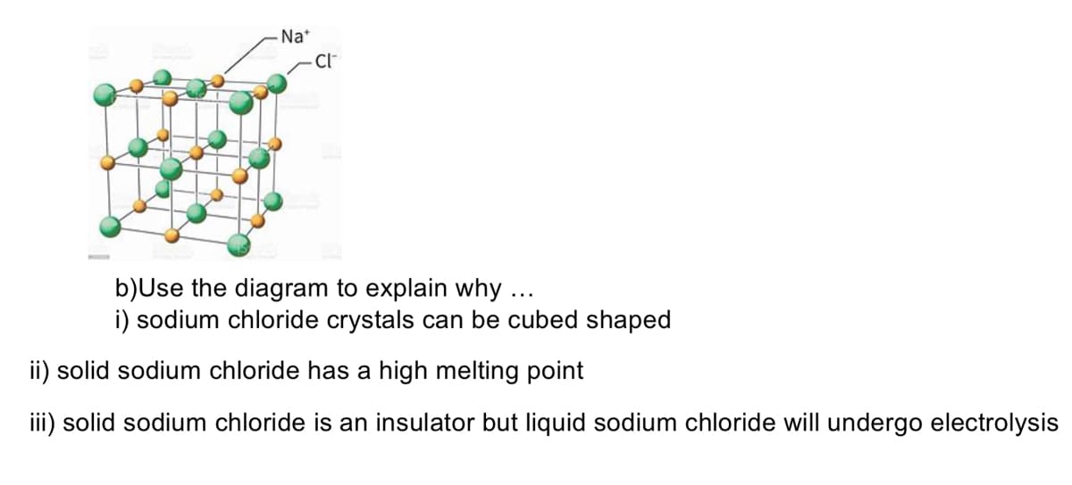 Na*
b)Use the diagram to explain why ...
i) sodium chloride crystals can be cubed shaped
ii) solid sodium chloride has a high melting point
iii) solid sodium chloride is an insulator but liquid sodium chloride will undergo electrolysis

