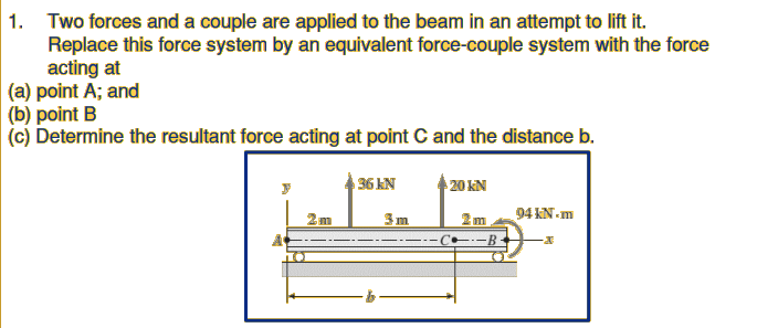1. Two forces and a couple are applied to the beam in an attempt to lift it.
Replace this force system by an equivalent force-couple system with the force
acting at
(a) point A; and
(b) point B
(c) Determine the resultant force acting at point C and the distance b.
36 kN
20 kN
2m
3m
2m
94 KN-m
