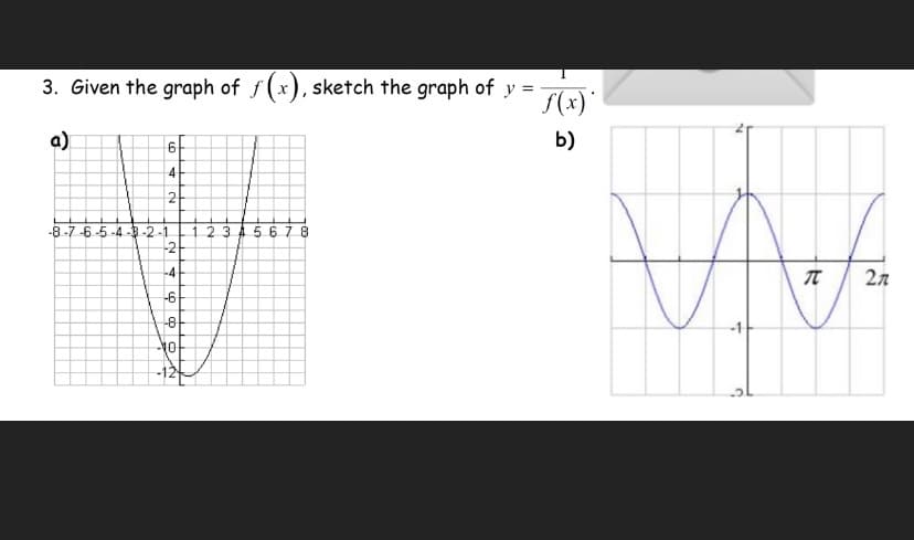 3. Given the graph of f (x), sketch the graph of y =
S(x)'
a)
b)
9.
2
-8-7-6-5-4 -3-2-1
123 456 78
-4
27
-6
-8
-12
