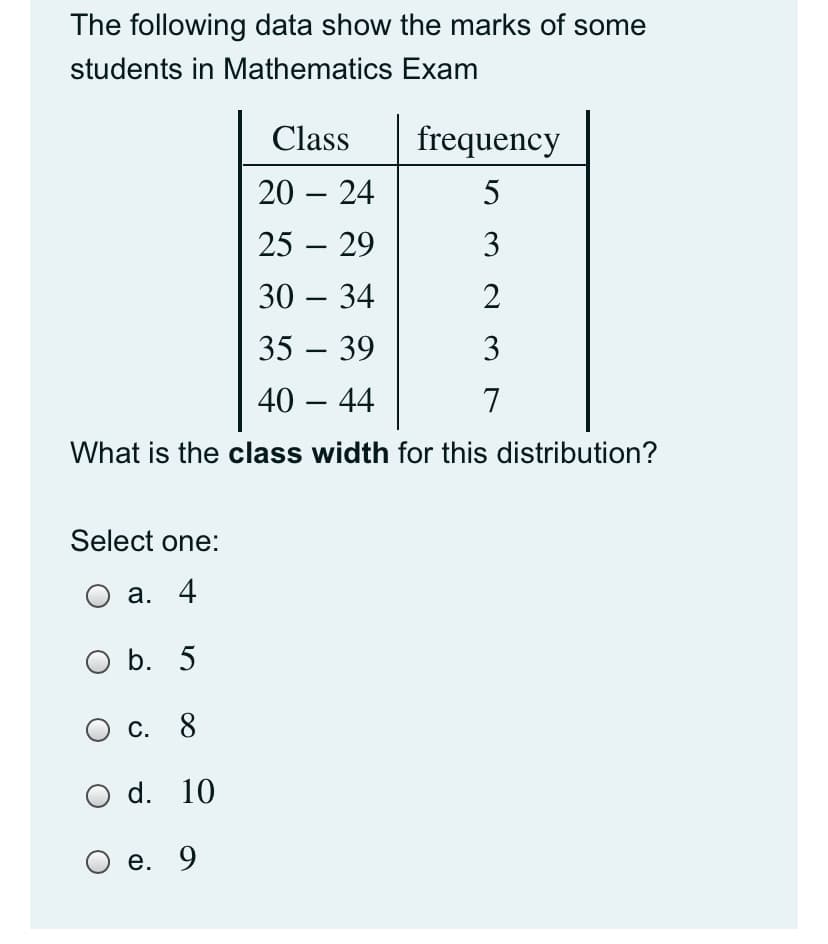 The following data show the marks of some
students in Mathematics Exam
Class
frequency
20 – 24
5
25 – 29
30 – 34
2
-
35 – 39
3
40 – 44
7
-
What is the class width for this distribution?
Select one:
О а. 4
O b. 5
О с. 8
d. 10
О е. 9
3.
