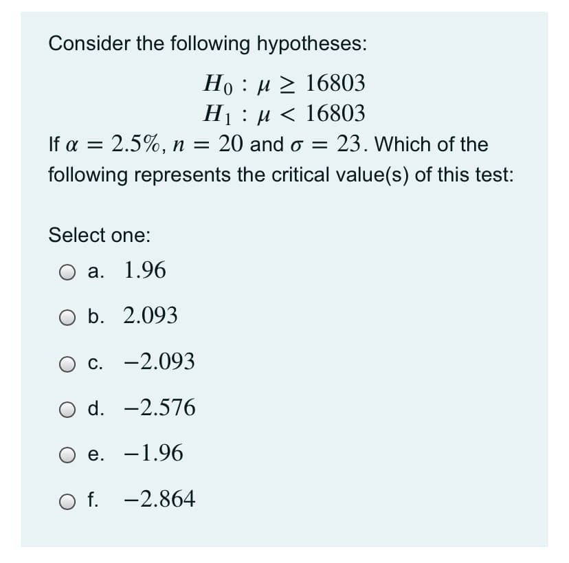 Consider the following hypotheses:
Но : и 2 16803
Н) : и < 16803
2.5%, n = 20 and o =
If a =
23. Which of the
following represents the critical value(s) of this test:
Select one:
О а. 1.96
O b. 2.093
c. -2.093
d. -2.576
е. —1.96
O f. -2.864
