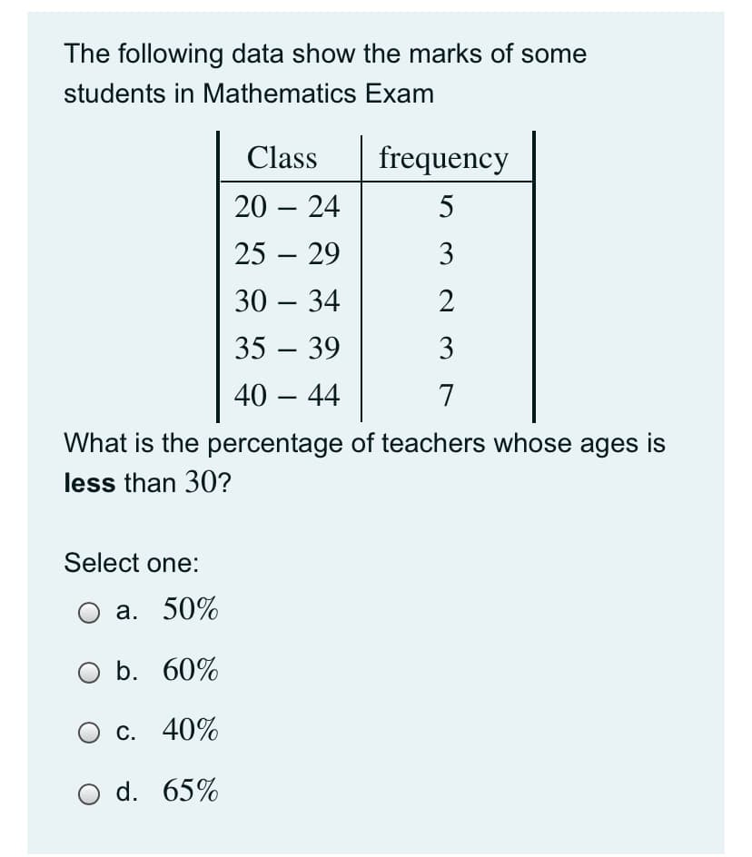 The following data show the marks of some
students in Mathematics Exam
Class
frequency
20 – 24
5
25 – 29
3
30 – 34
2
-
35 – 39
3
-
40 – 44
7
-
What is the percentage of teachers whose ages is
less than 30?
Select one:
O a. 50%
O b. 60%
c. 40%
O d. 65%
