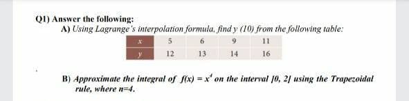 QI) Answer the following:
A) Using Lagrange's interpolation formula, find y (10) from the following table:
11
12
13
14
16
B) Approximate the integral of f(x) =x'on the interval [0, 21 using the Trapezoidal
rule, where n=4.
%3!
