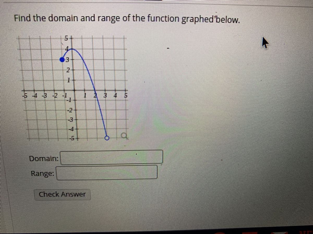 Find the domain and range of the function graphed'below.
5+
2.
-5-4-3 2 -I
-2
Domain:
Range
Check Answer
