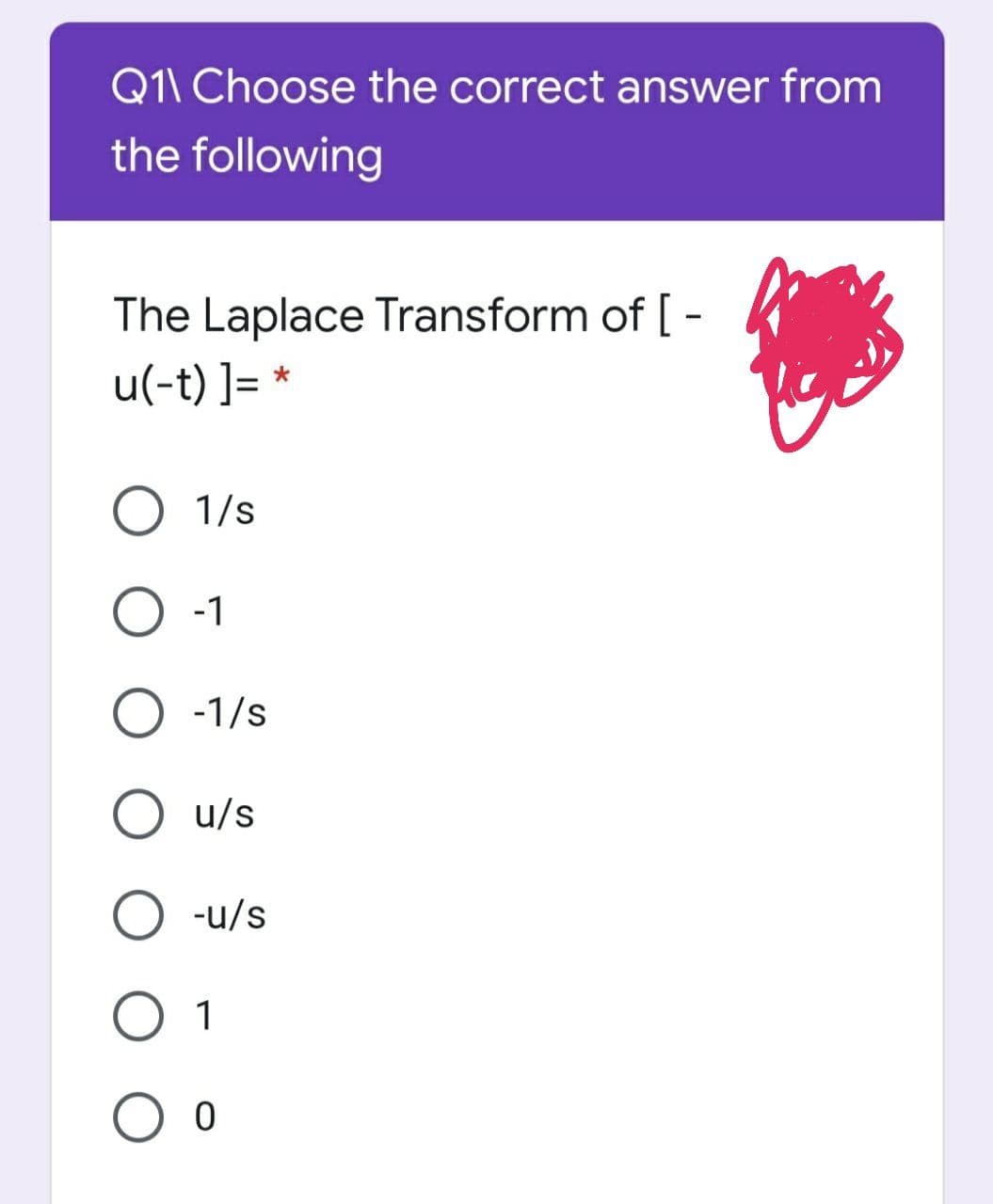 Q1\ Choose the correct answer from
the following
The Laplace Transform of [ -
u(-t) ]= *
O 1/s
O -1
О -1/s
u/s
-u/s
O 1
