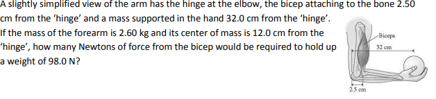 A slightly simplified view of the arm has the hinge at the elbow, the bicep attaching to the bone 2.50
cm from the 'hinge' and a mass supported in the hand 32.0 cm from the 'hinge'.
If the mass of the forearm is 2.60 kg and its center of mass is 12.0 cm from the
Biceps
'hinge', how many Newtons of force from the bicep would be required to hold up
32 em
a weight of 98.0 N?
25 cm

