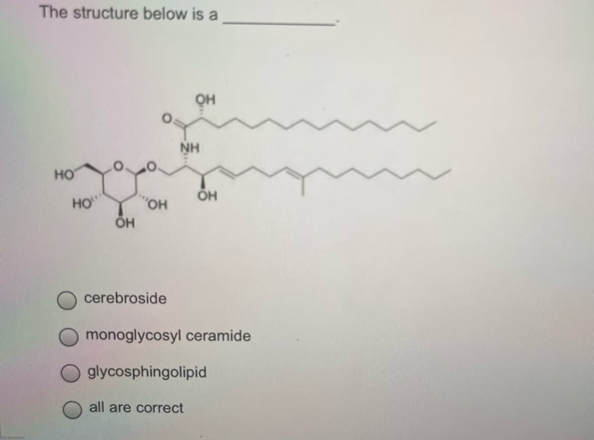 The structure below is a
он
NH
но
HO
ÕH
cerebroside
monoglycosyl ceramide
glycosphingolipid
all are correct
