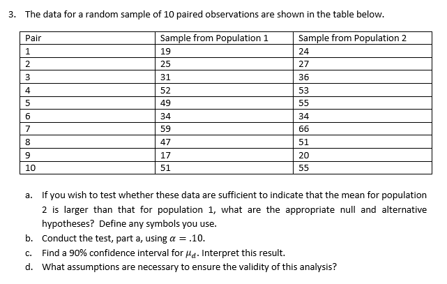 The data for a random sample of 10 paired observations are shown in the table below
3.
Sample from Population 2
Sample from Population 1
Pair
24
19
27
25
36
31
3
53
52
4
49
34
34
6
59
51
47
8
20
17
9
51
10
If you wish to test whether these data are sufficient to indicate that the mean for population
a.
2 is larger than that for population 1, what are the appropriate null and alternative
hypotheses? Define any symbols you use
b. Conduct the test, part a, using a.10
Find a 90% confidence interval forfed. Interpret this result.
What assumptions are necessary to ensure the validity of this analysis?
C.
d.
