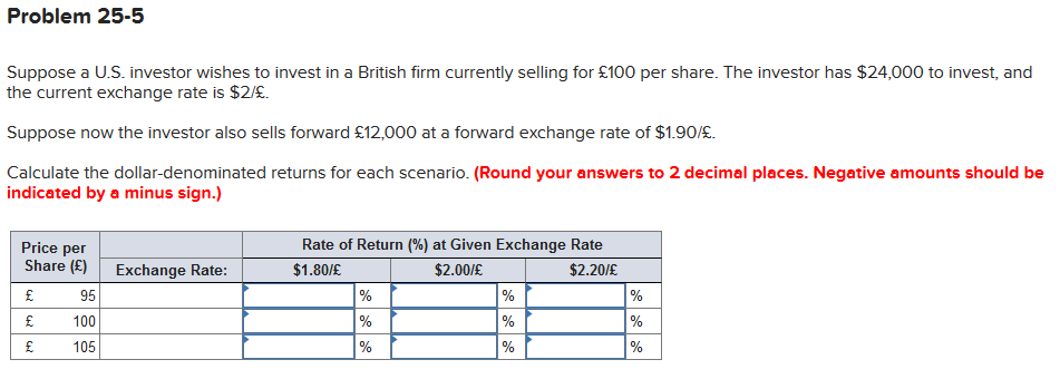 Problem 25-5
Suppose a U.S. investor wishes to invest in a British firm currently selling for £100 per share. The investor has $24,000 to invest, and
the current exchange rate is $2/£.
Suppose now the investor also sells forward £12,000 at a forward exchange rate of $1.90/£.
Calculate the dollar-denominated returns for each scenario. (Round your answers to 2 decimal places. Negative amounts should be
indicated by a minus sign.)
Rate of Return (%) at Given Exchange Rate
Price per
Share (£)
Exchange Rate:
$1.80/£
$2.00/£
$2.20/£
%
%
£
95
%
%
£
100
%
%
£
105
%
%
