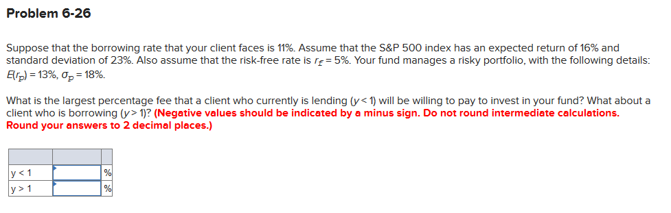 Problem 6-26
Suppose that the borrowing rate that your client faces is 11%. Assume that the Ss&P 500 index has an expected return of 16% and
standard deviation of 23%. Also assume that the risk-free rate is re= 5%. Your fund manages a risky portfolio, with the following details:
Elrp) = 13%, o, = 18%.
What is the largest percentage fee that a client who currently is lending (y < 1) will be willing to pay to invest in your fund? What about a
client who is borrowing (y> 1)? (Negative values should be indicated by a minus sign. Do not round intermediate calculations.
Round your answers to 2 decimal places.)
y < 1
y > 1
