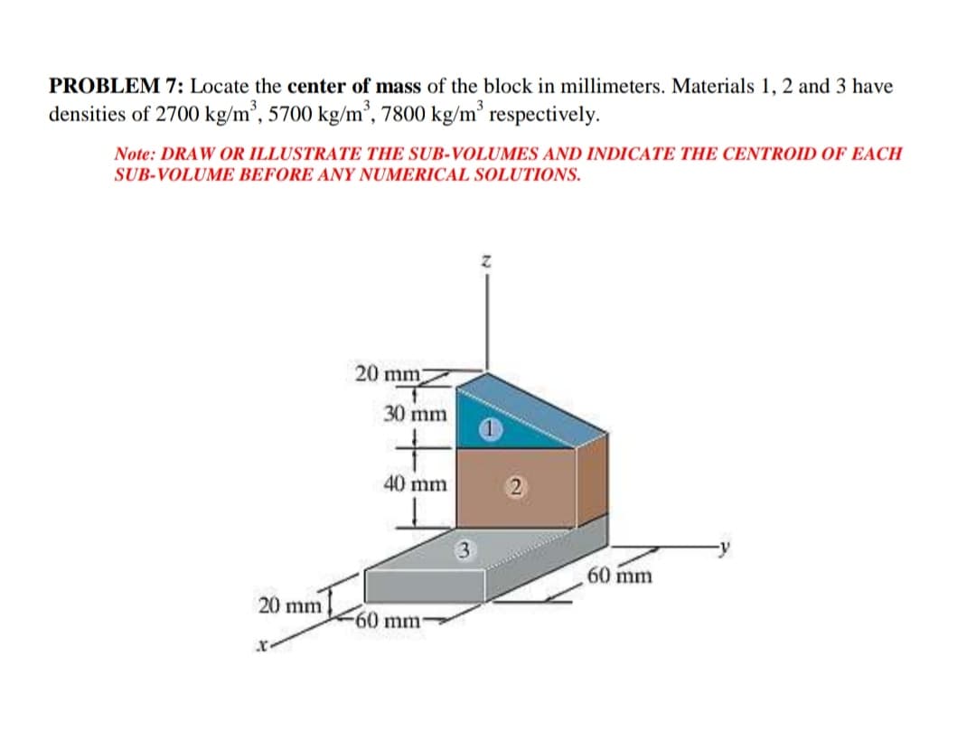 PROBLEM 7: Locate the center of mass of the block in millimeters. Materials 1, 2 and 3 have
densities of 2700 kg/m², 5700 kg/m², 7800 kg/m³ respectively.
Note: DRAW OR ILLUSTRATE THE SUB-VOLUMES AND INDICATE THE CENTROID OF EACH
SUB-VOLUME BEFORE ANY NUMERICAL SOLUTIONS.
20 mm
30 mm
40 mm
-y
60 mm
20 mm
60 mm
