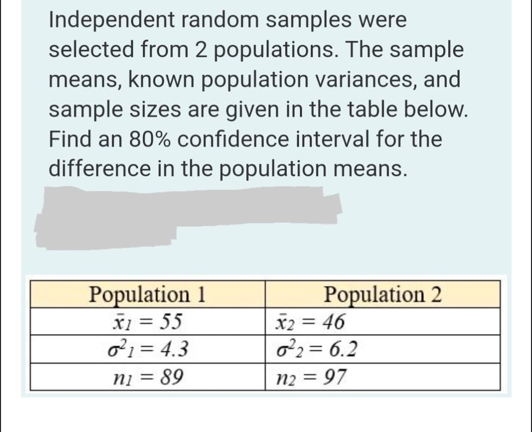 Independent random samples were
selected from 2 populations. The sample
means, known population variances, and
sample sizes are given in the table below.
Find an 80% confidence interval for the
difference in the population means.
Population 1
x1 = 55
Population 2
0²1= 4.3
n1 = 89
x2 = 46
0²2= 6.2
n2 = 97