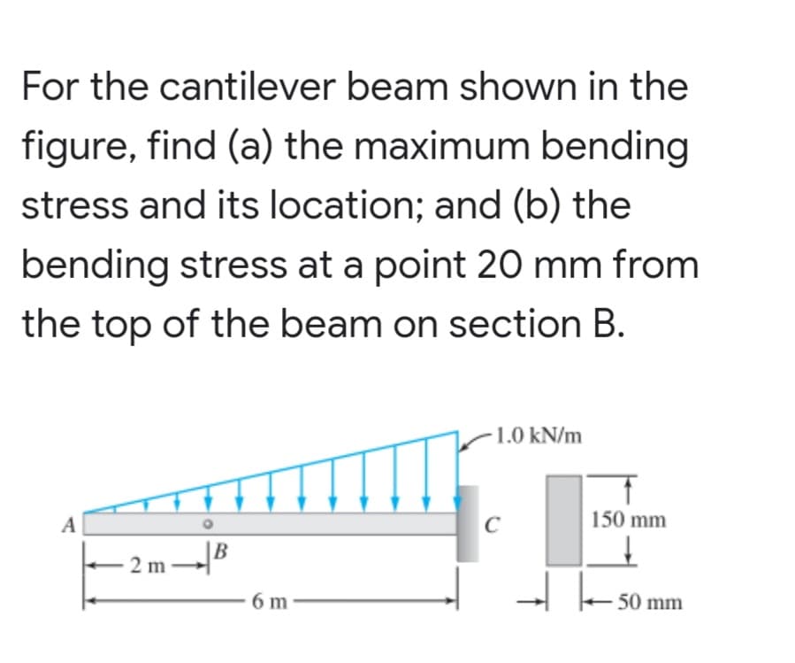 For the cantilever beam shown in the
figure, find (a) the maximum bending
stress and its location; and (b) the
bending stress at a point 20 mm from
the top of the beam on section B.
1.0 kN/m
A
C
150 mm
2 mB
6 m
50 mm

