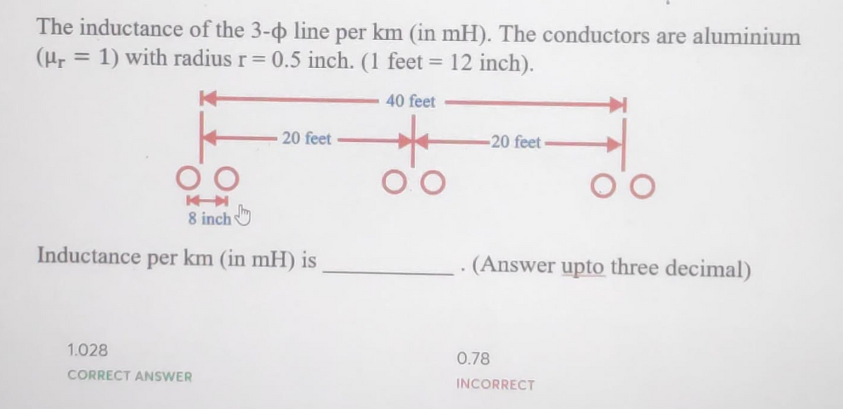 The inductance of the 3-o line per km (in mH). The conductors are aluminium
(H = 1) with radius r= 0.5 inch. (1 feet = 12 inch).
40 feet
20 feet
20 feet
O O
8 inch O
Inductance per km (in mH) is
- (Answer upto three decimal)
1.028
0.78
CORRECT ANSWER
INCORRECT
