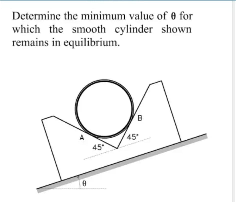 Determine the minimum value of 0 for
which the smooth cylinder shown
remains in equilibrium.
45
45°
