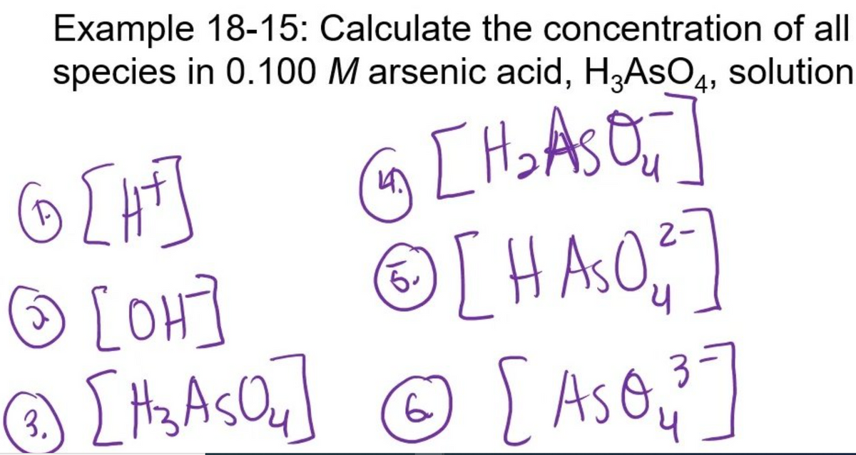 Example 18-15: Calculate the concentration of all
species in 0.100 M arsenic acid, H3ASO4, solution
Ⓒ[H₂ AsO₂]
Ⓒ [HA₂O² ]
य
6 [HT]
[OH]
Ⓒ3) [H₂A5O₂] Ⓒ [ Ase₂³]
3.
6
2-
