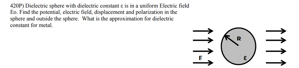 420P) Dielectric sphere with dielectric constant ɛ is in a uniform Electric field
Eo. Find the potential, electric field, displacement and polarization in the
sphere and outside the sphere. What is the approximation for dielectric
constant for metal.
R
