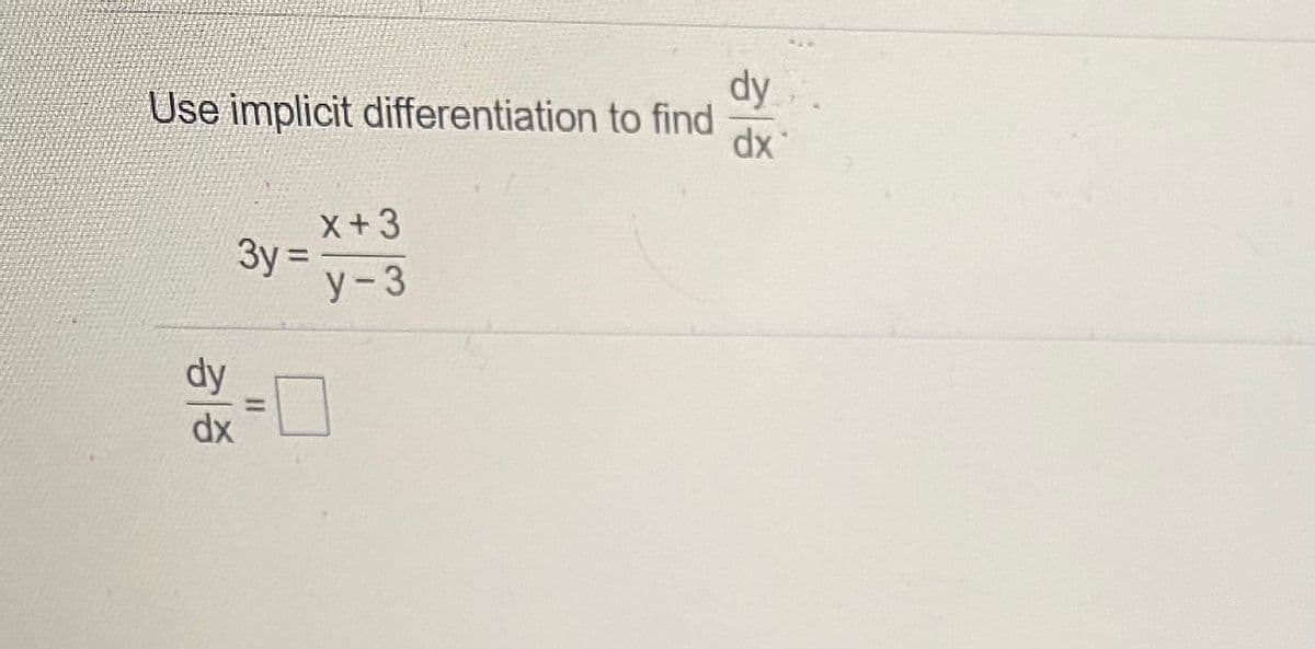 dy
Use implicit differentiation to find
xp
X+3
3y= y-3
%3D
dx
II
