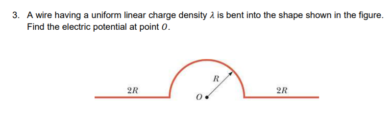 A wire having a uniform linear charge density 2 is bent into the shape shown in the figure.
Find the electric potential at point 0.
2R
2R
