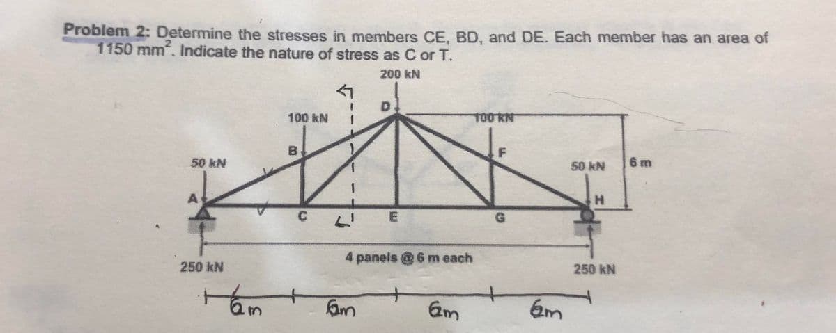 Problem 2: Determine the stresses in members CE, BD, and DE. Each member has an area of
1150 mm². Indicate the nature of stress as C or T.
200 kN
50 kN
250 kN
Ham
100 kN
4 panels @6 m each
fam
6m
100 KN
F
62m
50 kN
H
250 kN
6 m