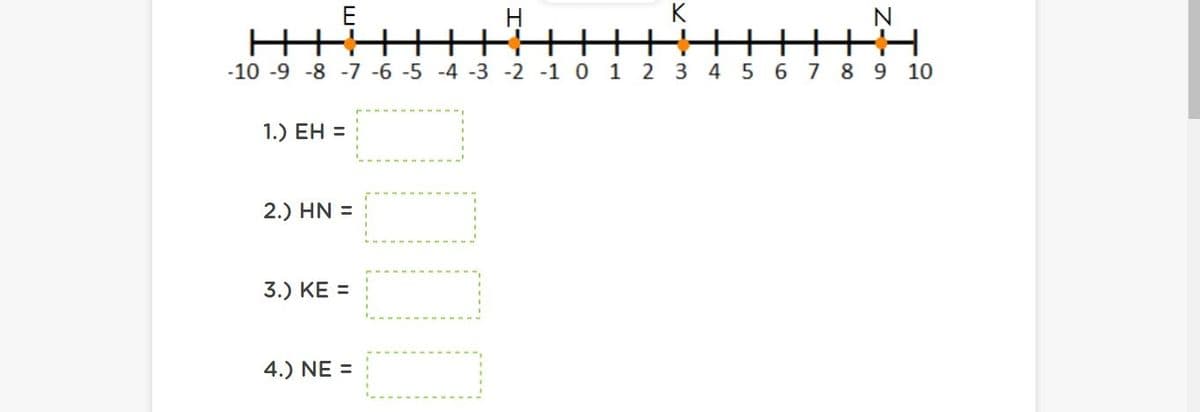 E
H
K
N
-10 -9 -8 -7 -6 -5 -4 -3 -2 -1 0 1
2 3 4 5 6 7
8 9 10
1.) EH =
2.) HN =
3.) KE =
4.) NE =
