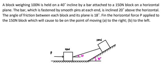 A block weighing 100ON is held on a 40* incline by a bar attached to a 150N block on a horizontal
plane. The bar, which is fastened by smooth pins at each end, is inclined 20* above the horizontal.
The angle of friction between each block and its plane is 18*. Fin the horizontal force P applied to
the 150N block which will cause to be on the point of moving (a) to the right; (b) to the left.
150N
