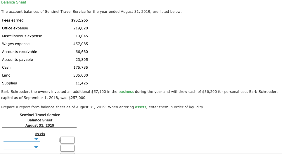 The account balances of Sentinel Travel Service for the year ended August 31, 2019, are listed below.
$952,265
219,020
Fees earned
Office expense
Miscellaneous expense
19,045
Wages expense
Accounts receivable
Accounts payable
457,085
66,660
23,805
175,735
305,000
Cash
Land
Supplies
11,425
Barb Schroeder, the owner, invested an additional $57,100 in the business during the year and withdrew cash of $36,200 for personal use. Barb Schroeder,
capital as of September 1, 2018, was $257,000.
Prepare a report form balance sheet as of August 31, 2019. When entering assets, enter them in order of liquidity.
