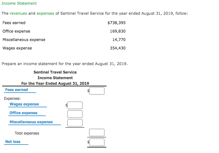 Prepare an income statement for the year ended August 31, 2019.
