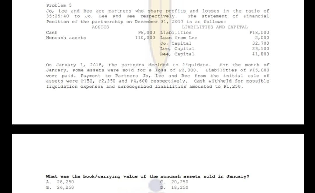 Problem 5
Jo, Lee and Bee are partners who share profits and losses in the ratio of
Financial
Lee and Bee respectively.
Position of the partnership on December 31, 2017 is as follows:
35:25:40
to Jo,
The
statement
of
ASSETS
LIABILITIES AND CAPITAL
Cash
P8,000 Liabilities
110,000
P18,000
2,000
Noncash assets
Loan from Lee
Jo, Capital
Lee, Capital
Вее, Сapital
32,700
23,500
41,800
On January 1, 2018,
the partners decided to liquidate.
For the month of
assets were sold for a loss of P2,000.
Liabilities of P15,000
January, some
were paid. Payment to
assets were P150, P2,250 and P4,600 respectively.
liquidation expenses and unrecognized liabilities amounted to P1,250.
Partners
Jo, Lee
and Bee from the
initial sale of
Cash withheld for possible
What was the book/carrying value of the noncash assets sold in January?
A. 28,250
26,250
C.
20,250
в.
D. 18,250
