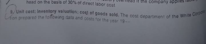head on the basis of 30% of direct labor cost
If the company app
9, Unit cost; Inventory valuation; cost of goods sold. The cost department of the White Corpor
ion prepared the following data and costs for the year 19--

