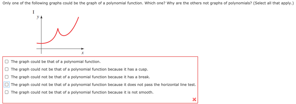 Only one of the following graphs could be the graph of a polynomial function. Which one? Why are the others not graphs of polynomials? (Select all that apply.)
I
The graph could be that of a polynomial function.
The graph could not be that of a polynomial function because it has a cusp.
The graph could not be that of a polynomial function because it has a break.
The graph could not be that of a polynomial function because it does not pass the horizontal line test.
..........
The graph could not be that of a polynomial function because it is not smooth.
O O O0
