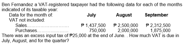Ben Fernandez a VAT-registered taxpayer had the following data for each of the months
indicated of its taxable year:
Data for the month of:
VAT not included:
July
August
September
P 1,437,500 P2,500,000 P2,312,500
1,875,000
There was an excess input tax of P25,000 at the end of June. . How much VAT is due in
Sales..
Purchases..
750,000
2,000,000
July, August, and for the quarter?
