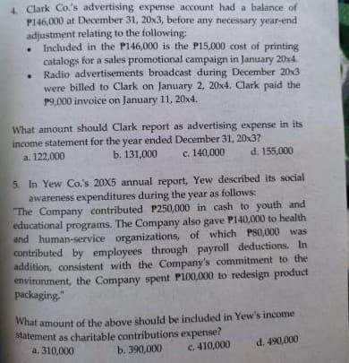 4. Clark Co.'s advertising expense account had a balance of
P146,000 at Deocember 31, 20x3, before any necessary year-end
adjustment relating to the following:
Included in the P146,000 is the P15,000 cost of printing
catalogs for a sales promotional campaign in January 20x4.
• Radio advertisements broadcast during December 20x3
were billed to Clark on January 2, 20x4. Clark paid the
P9,000 invoice on January 11, 20x4.
What amount should Clark report as advertising expense in its
income statement for the year ended December 31, 20x3?
a. 122,000
b. 131,000
c. 140,000
d. 155,000
5. In Yew Co.'s 20X5 annual report, Yew described its social
awareness expenditures during the year as follows:
"The Company contributed P250,000 in cash to youth and
educational programs. The Company also gave P140,000 to health
and human-service organizations, of which PS0,000 was
contributed by employees through payroll deductions. In
addition, consistent with the Company's commitment to the
environment, the Company spent P100,000 to redesign product
packaging."
What amount of the above should be included in Yew's income
Statement as charitable contributions expense?
a, 310,000
b. 390,000
C. 410,000
d. 490,000
