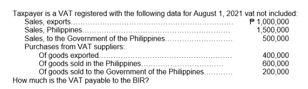 Taxpayer is a VAT registered with the following data for August 1, 2021 vat not included:
Sales, exports....
Sales, Philippines..
Sales, to the Government of the Philippines.
Purchases from VAT suppliers:
Of goods exported...
Of goods sold in the Philippines.
Of goods sold to the Government of the Philippines.
How much is the VAT payable to the BIR?
P 1,000,000
1,500,000
500,000
400,000
600,000
200,000
