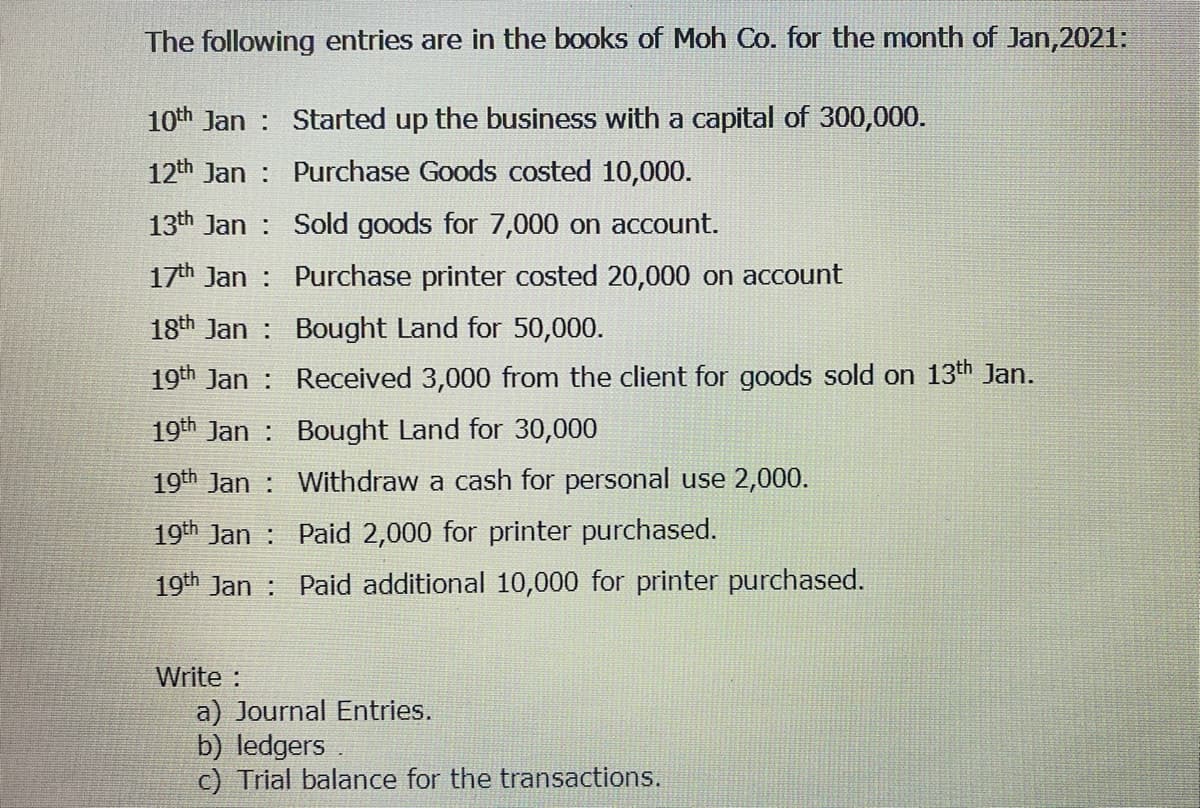 The following entries are in the books of Moh Co. for the month of Jan,2021:
10th Jan
Started up the business with a capital of 300,000.
12th Jan
Purchase Goods costed 10,000.
13th Jan
Sold goods for 7,000 on account.
17th Jan:
Purchase printer costed 20,000 on account
18th Jan Bought Land for 50,000.
19th Jan:
Received 3,000 from the client for goods sold on 13th Jan.
19th Jan
Bought Land for 30,000
19th Jan:
Withdraw a cash for personal use 2,000.
19th Jan: Paid 2,000 for printer purchased.
19th Jan Paid additional 10,000 for printer purchased.
Write:
a) Journal Entries.
b) ledgers.
c) Trial balance for the transactions.