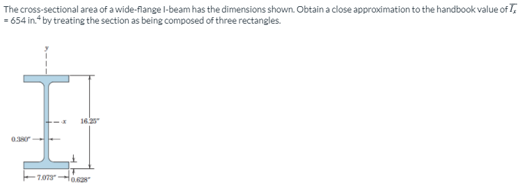 The cross-sectional area of a wide-flange l-beam has the dimensions shown. Obtaina close approximation to the handbook value of T,
= 654 in.* by treating the section as being composed of three rectangles.
16 25
0.380
7.073 H0.628
