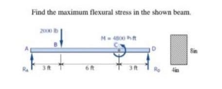 Find the maximum flexural stress in the shown beam.
2000 ib
M- 4800 hit
Sin
3 t
6 ft
T 3 t
Ro

