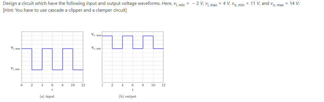 Design a circuit which have the following input and output voltage waveforms. Here, vi, min = - 2 V, vị, max = 4 V, vo, min = 11 V, and vo max = 14 V.
[Hint: You have to use cascade a clipper and a clamper circuit]
Vo, max
Vị, max
Vo. min
Vi, min
2
4
6.
10
12
2
4
6.
10
12
(a) input
(b) output
