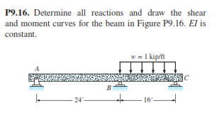 P9.16. Determine all reactions and draw the shear
and moment curves for the beam in Figure P9.16. El is
constant.
w = 1 kip/ft
B
- 24'-
16'-
