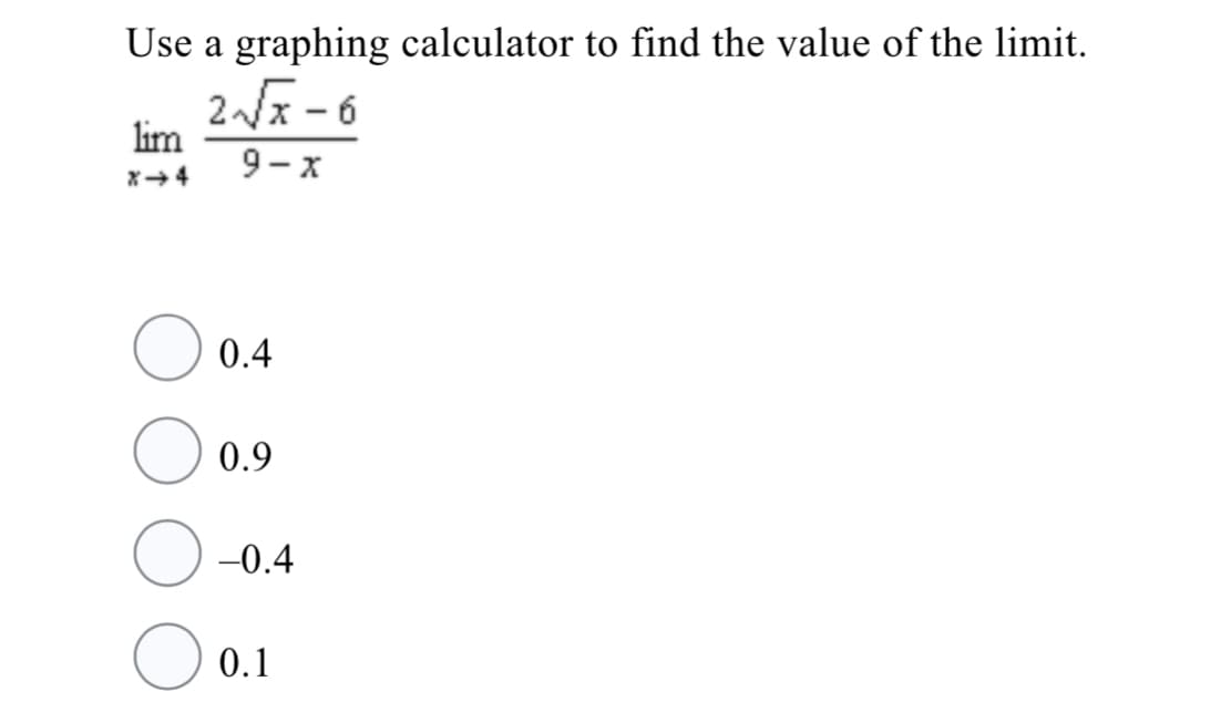 Use a graphing calculator to find the value of the limit.
2x-6
lim
9- x
0.4
0.9
-0.4
O 0.1
