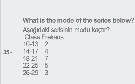 What is the mode of the series below?
Aşağıdaki serisinin modu kaçtır?
Class Frekans
10-13 2
14-17 4
18-21 7
22-25 5
35 -
26-29 3
