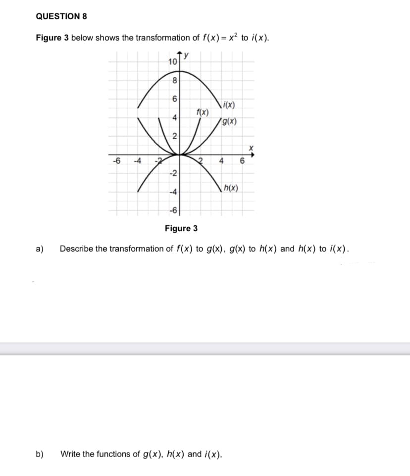 QUESTION 8
Figure 3 below shows the transformation of f(x)= x² to i(x).
10
\i(x)
f(x)
/g(x)
2
-6
-4
4.
6
-2
h(x)
Figure 3
a)
Describe the transformation of f(x) to g(x), g(x) to h(x) and h(x) to i(x).
b)
Write the functions of g(x), h(x) and i(x).
