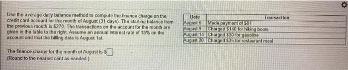 Use the average daily balance method to compute the finance charge on the
credit card account for the month of August (31 days) The starting balance from
the previous month is $270, The transactions on the account for the month are
given in the table to the right, Assume an annual interest rate of 18% on the
account and that the billing date is August 1st
Date
August 6 Made payment of S81
August 9Charged $140 for hiking boots
August 14 Charged $30 for gasoline
August 20 Charged $36 for restaurant meal
Transaction
The finance charge for the month of August is $
(Round to the nearest cent as needed)
