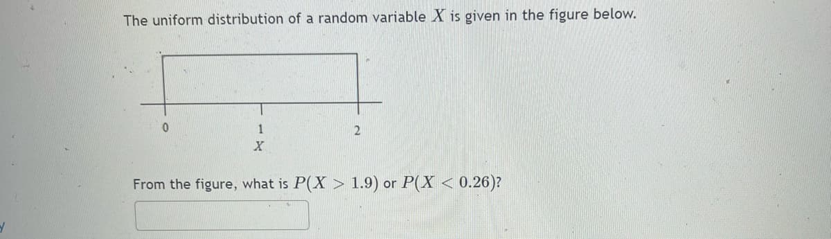 The uniform distribution of a random variable X is given in the figure below.
0
1
X
From the figure, what is P(X> 1.9) or P(X < 0.26)?