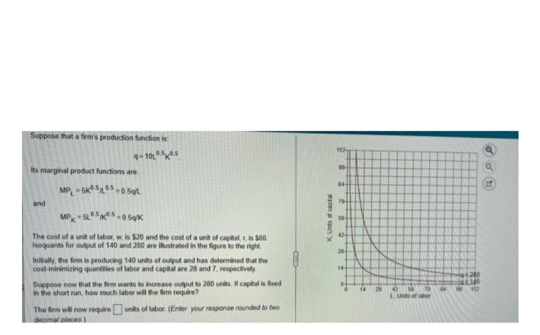 Suppose that a firm's production function is:
112
q= 10L05K0.5
98
Its marginal product functions are:
84
MP =5KL05 = 0.5q/L
and
70
MP 5L05K5 =0.5g/K.
The cost of a unit of labor, w, is $20 and the cost of a unit of capital, r, is $80
Isoquants for output of 140 and 280 are illustrated in the figure to the right
42
20
Initially, the firm is producing 140 units of output and has dotermined that the
cost-minimizing quantities of labor and capital are 28 and 7, respectively.
14+
Suppose now that the firm wants to increase output to 280 units. If capital is fixed
in the short run, how much labor will the firm require?
9.
14
25
42
04
LUnits of labor
The firm will now require units of labor. (Enter your response rounded to two
decimal places. )
K Unts of capta
