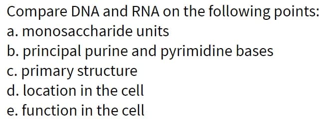 Compare DNA and RNA on the following points:
a. monosaccharide units
b. principal purine and pyrimidine bases
c. primary structure
d. location in the cell
e. function in the cell
