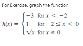 For Exercise, graph the function.
-3 for x < -2
for -2<x < 0
Vx for x> 0
h(x) =
