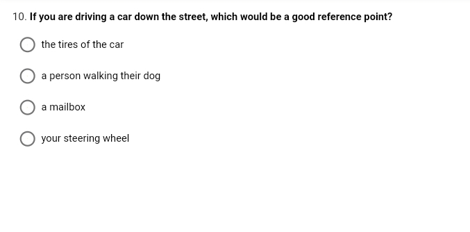 10. If you are driving a car down the street, which would be a good reference point?
the tires of the car
a person walking their dog
a mailbox
your steering wheel
