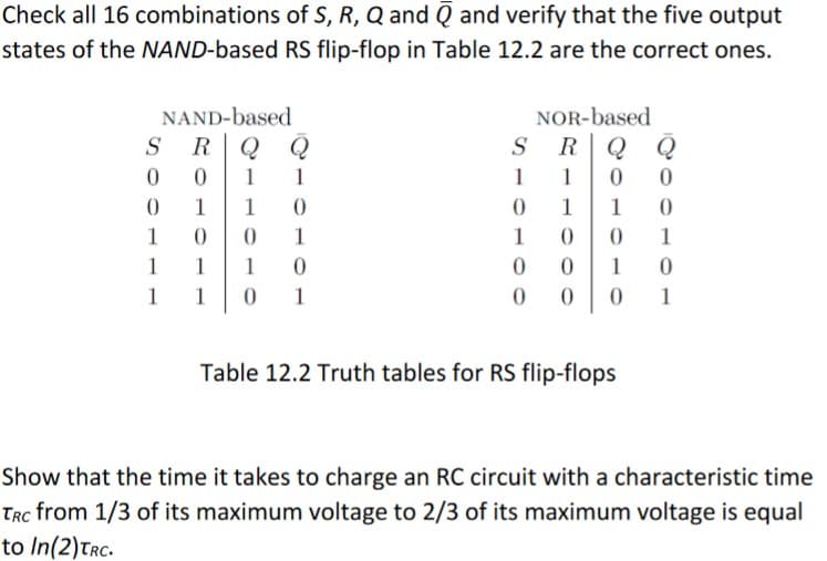 Check all 16 combinations of S, R, Q and Q and verify that the five output
states of the NAND-based RS flip-flop in Table 12.2 are the correct ones.
NAND-based
NOR-based
RQ Q
S
R
1
1
1
1
1
1
1
1
1
1
1
1
1
0 1
1
1
1
1
1
1
Table 12.2 Truth tables for RS flip-flops
Show that the time it takes to charge an RC circuit with a characteristic time
Trc from 1/3 of its maximum voltage to 2/3 of its maximum voltage is equal
to In(2)Trc.
