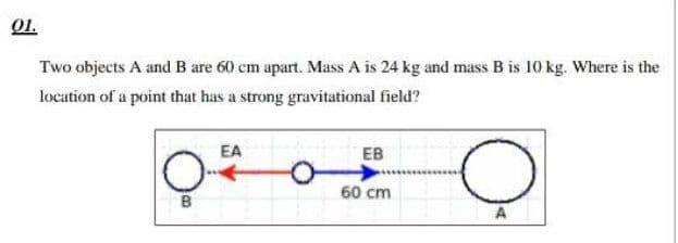 01.
Two objects A and B are 60 cm apart. Mass A is 24 kg and mass B is 10 kg. Where is the
location of a point that has a strong gravitational field?
EA
EB
60 cm
B

